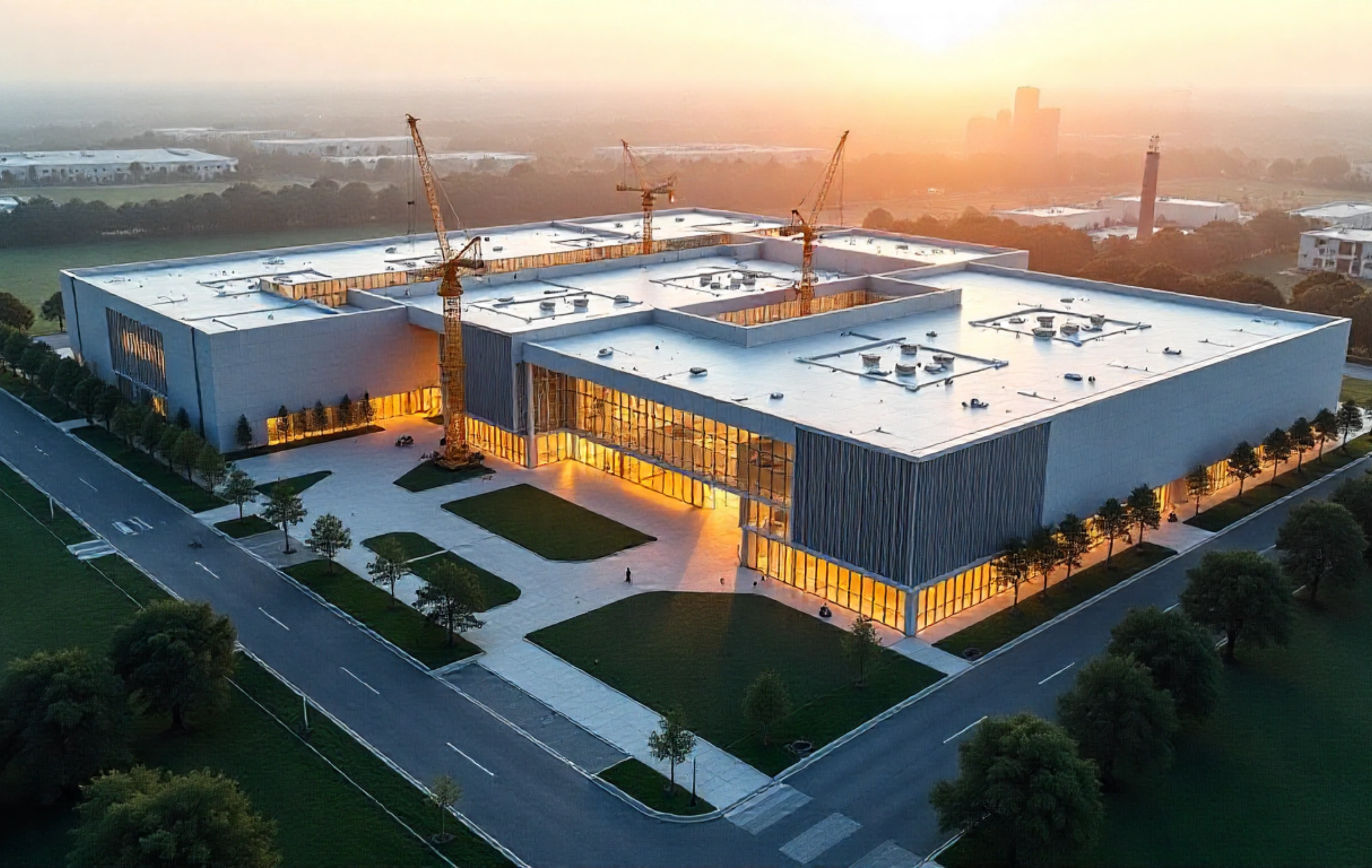 Construction crew working on the expansion of an existing industrial facility