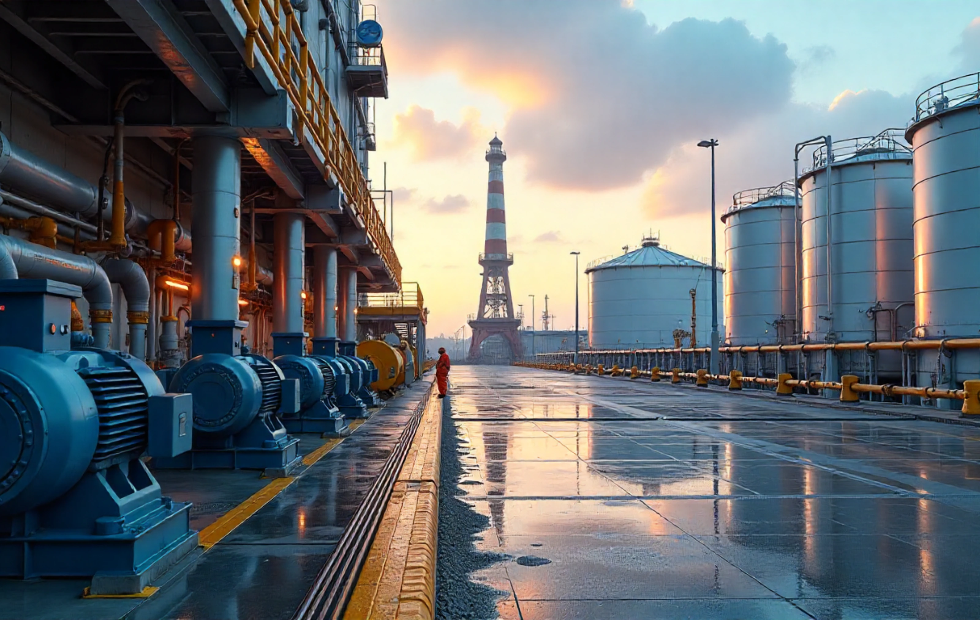 A modern, complex pipeline pumping station with multiple valves and storage tanks