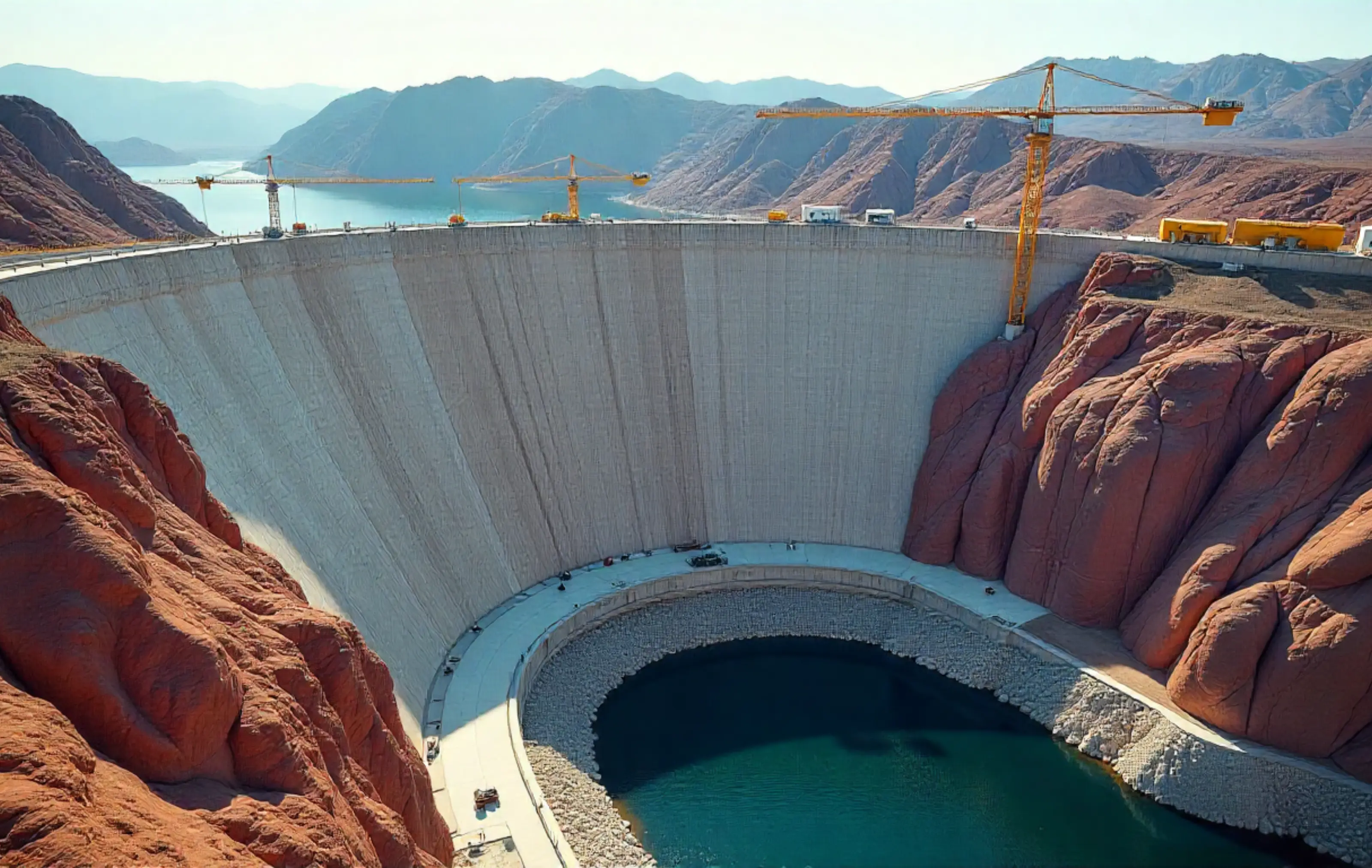A large concrete dam holding back a reservoir
